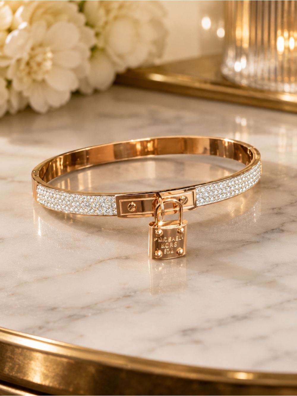 Forever Love Rose Gold Crystal Padlock Bangle Bracelet